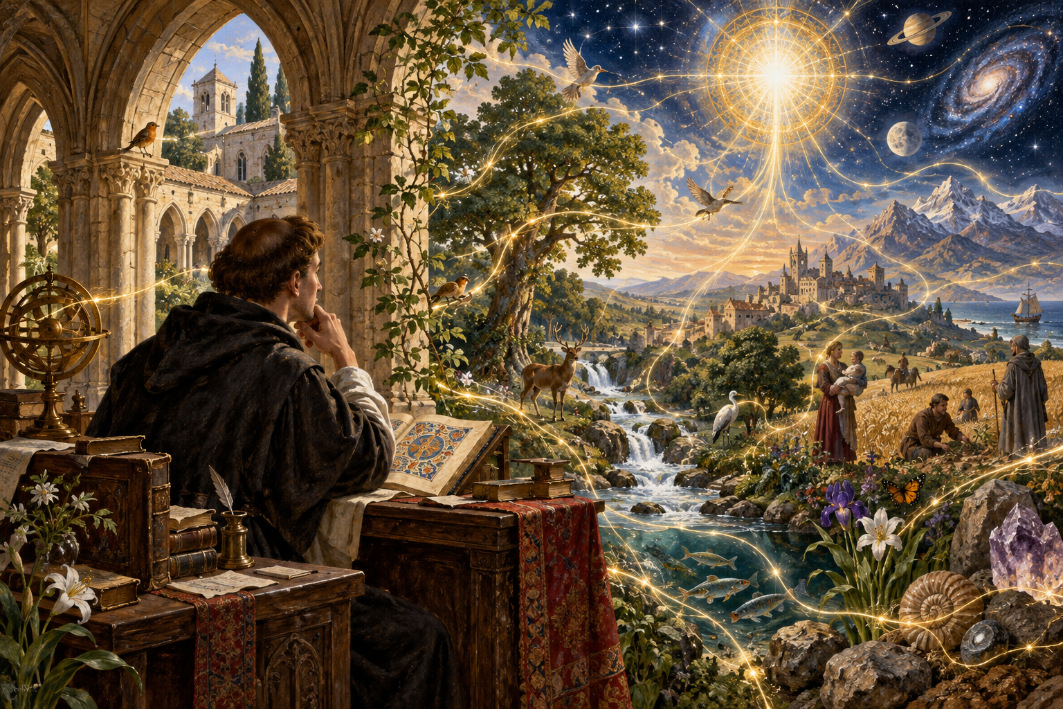 Ilustração simbólica de um estudioso medieval contemplando uma mesma luz que atravessa natureza, matéria, humanidade e cosmos