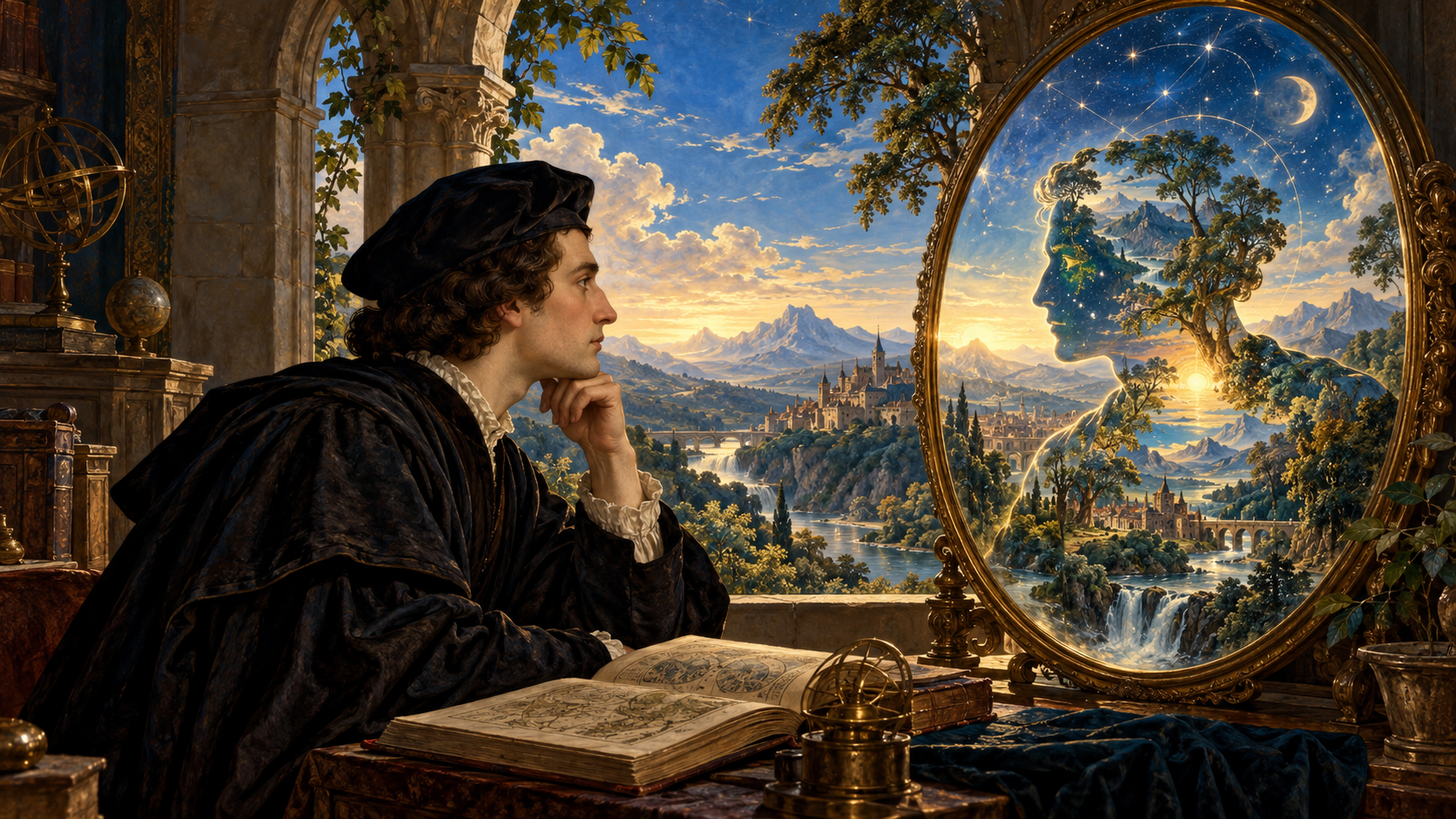 An artistic representation of a Renaissance philosopher facing a mirror in which a human silhouette brings together trees, mountains, and stars
