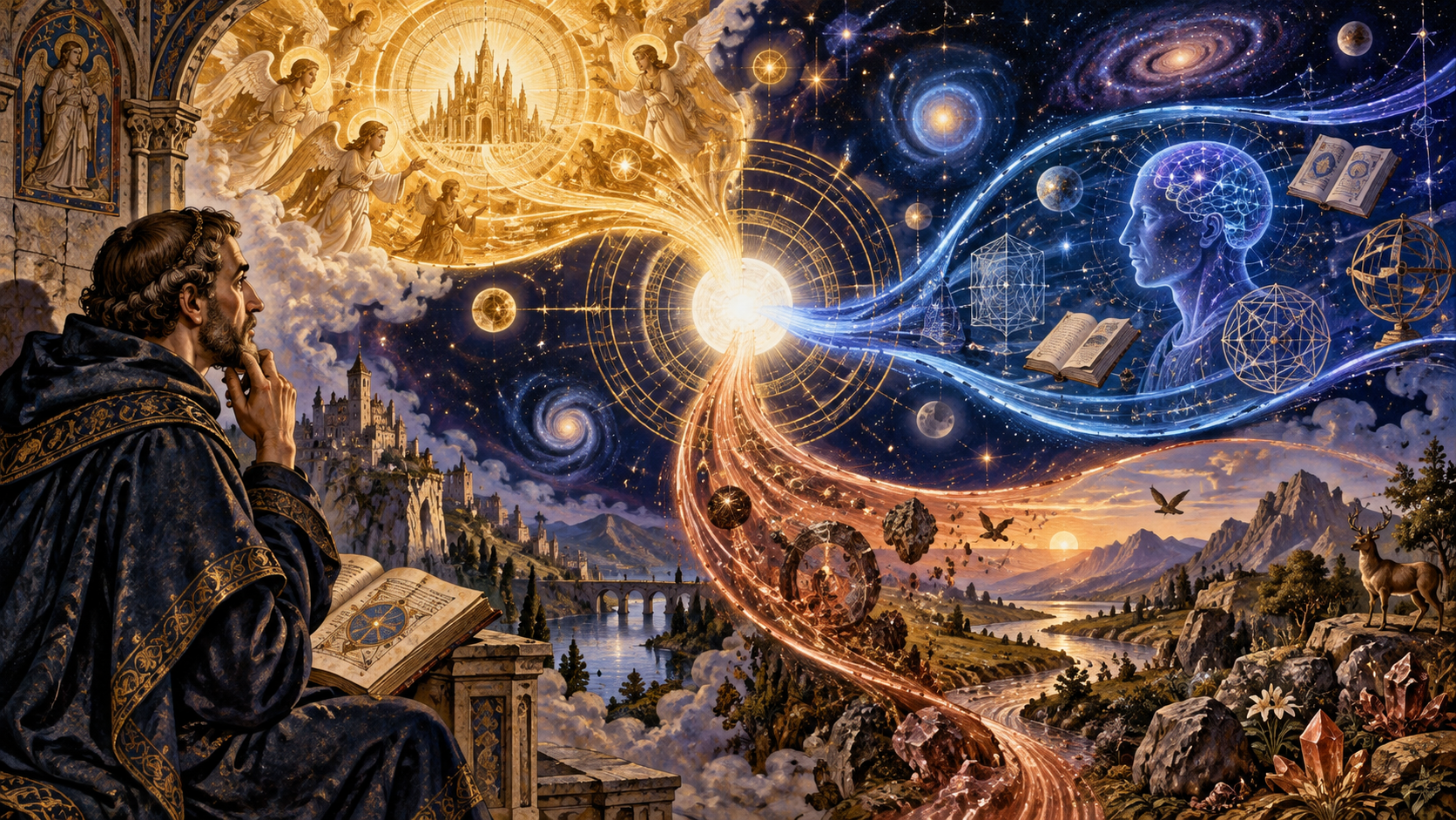 Filósofo medieval contempla três correntes luminosas — divina, intelectual e material — que procedem de um único centro e se desdobram no cosmos