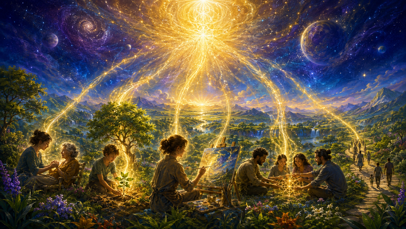Luz dourada desce de uma fonte cósmica sobre uma paisagem terrestre onde pessoas cuidam, cultivam, criam arte, cooperam e caminham juntas