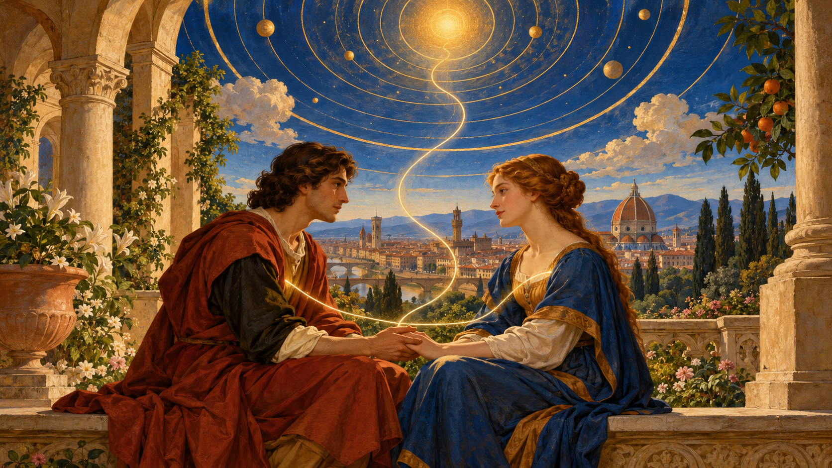 Two people meet in a garden inspired by Renaissance Florence beneath circles of light suggesting Unity