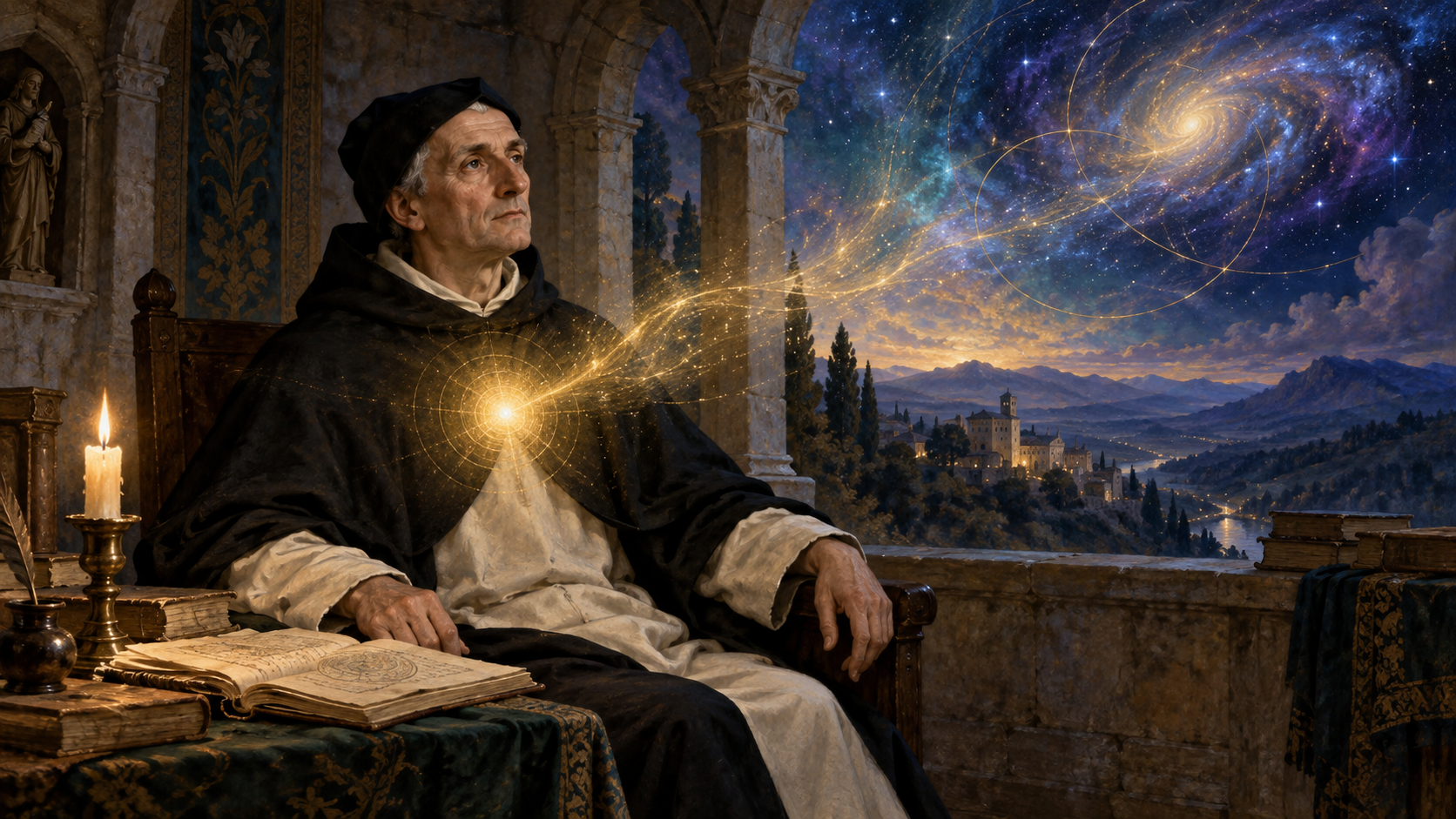 Representação artística de Meister Eckhart em um ambiente medieval, com uma luz dourada no centro do peito ligando sua interioridade a um vasto cosmos azul e violeta