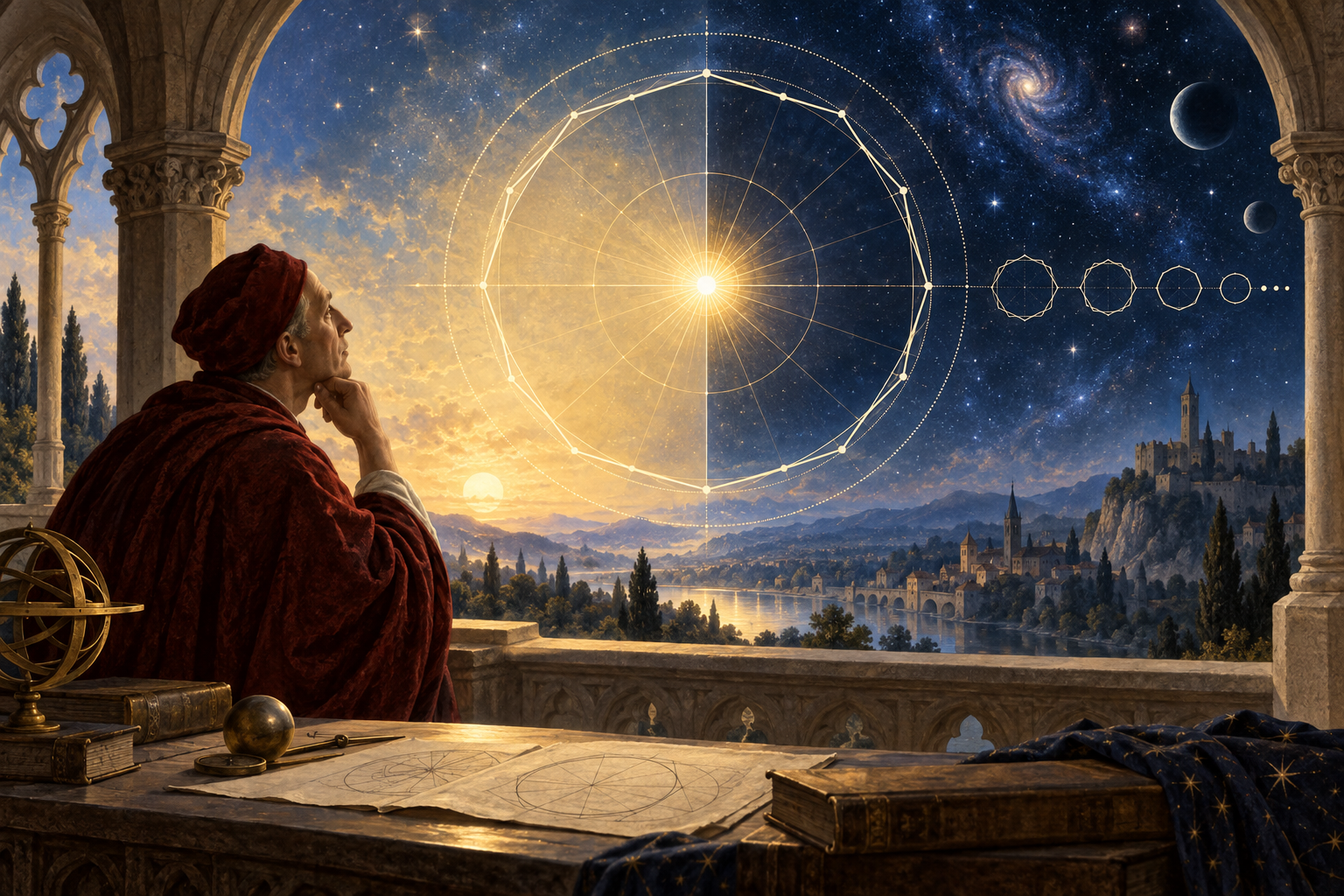 Ilustração simbólica de Nicolau de Cusa diante de um polígono que se aproxima de um círculo luminoso, entre o dia e a noite